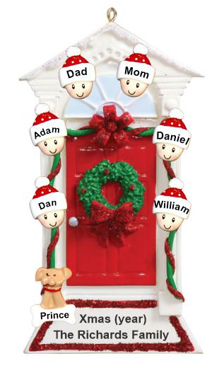 Family Christmas Ornament Red Door with Wreath for 6 with Pets Personalized by RussellRhodes.com