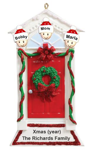 Single Mom Ornament Red Door with Wreath Mom & 2 Kids Personalized by RussellRhodes.com