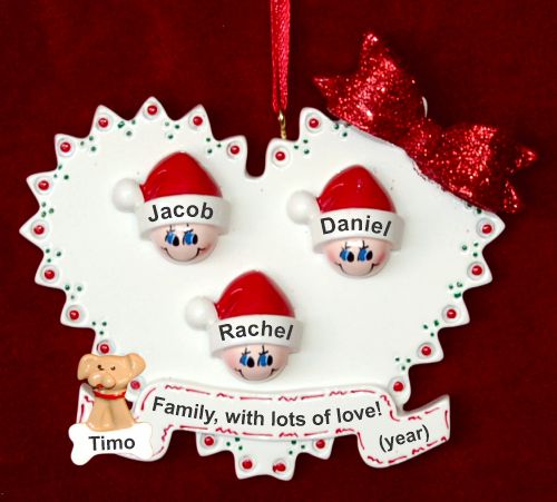 Family Christmas Ornament Loving Heart for 3 with Pets Personalized by RussellRhodes.com