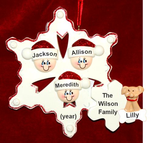 Family Christmas Ornament Snowflakes for 3 with Pets Personalized by RussellRhodes.com