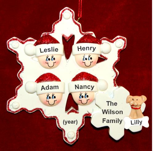 Family Christmas Ornament Snowflakes for 4 with Pets Personalized by RussellRhodes.com