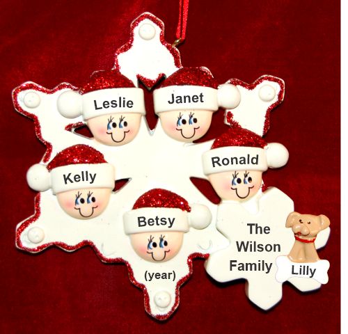 Family Christmas Ornament Snowflakes for 5 with Pets Personalized by RussellRhodes.com