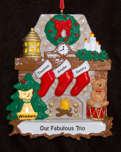 Fanily Christmas Ornament Stone Fireplace 3 Kids with Pets Personalized by RussellRhodes.com
