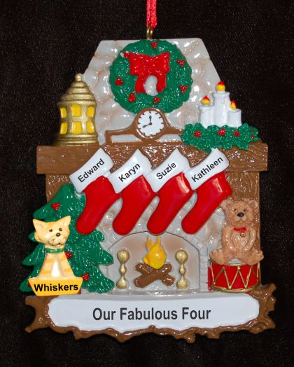 Fanily Christmas Ornament Stone Fireplace 4 Kids with Pets Personalized by RussellRhodes.com