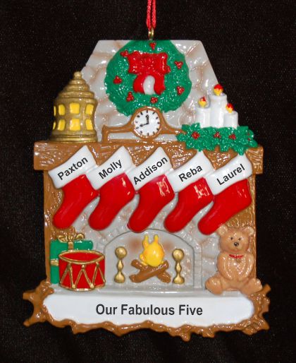 Personalized Family Christmas Ornament Stone Fireplace 5 Kids by Russell Rhodes