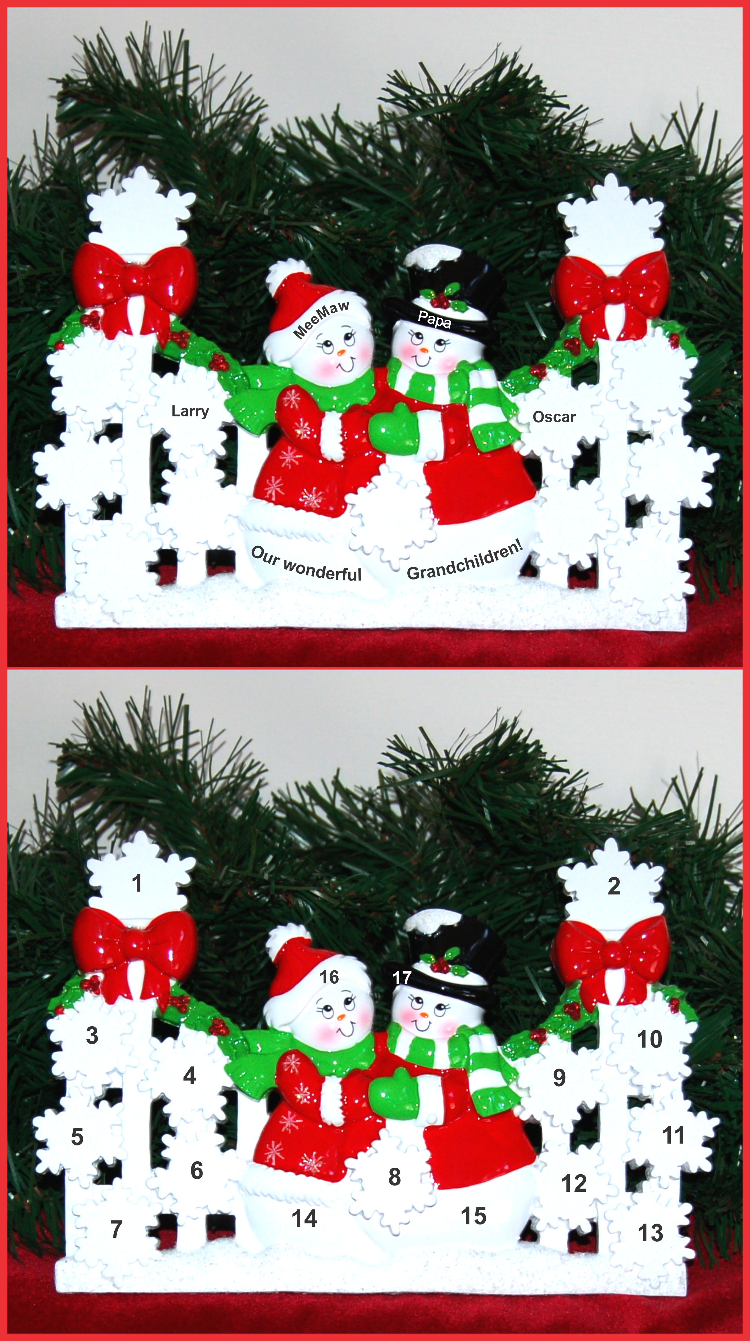 Grandparents Tabletop Christmas Decoration Snowflakes for 2 Grandchildren Personalized by RussellRhodes.com