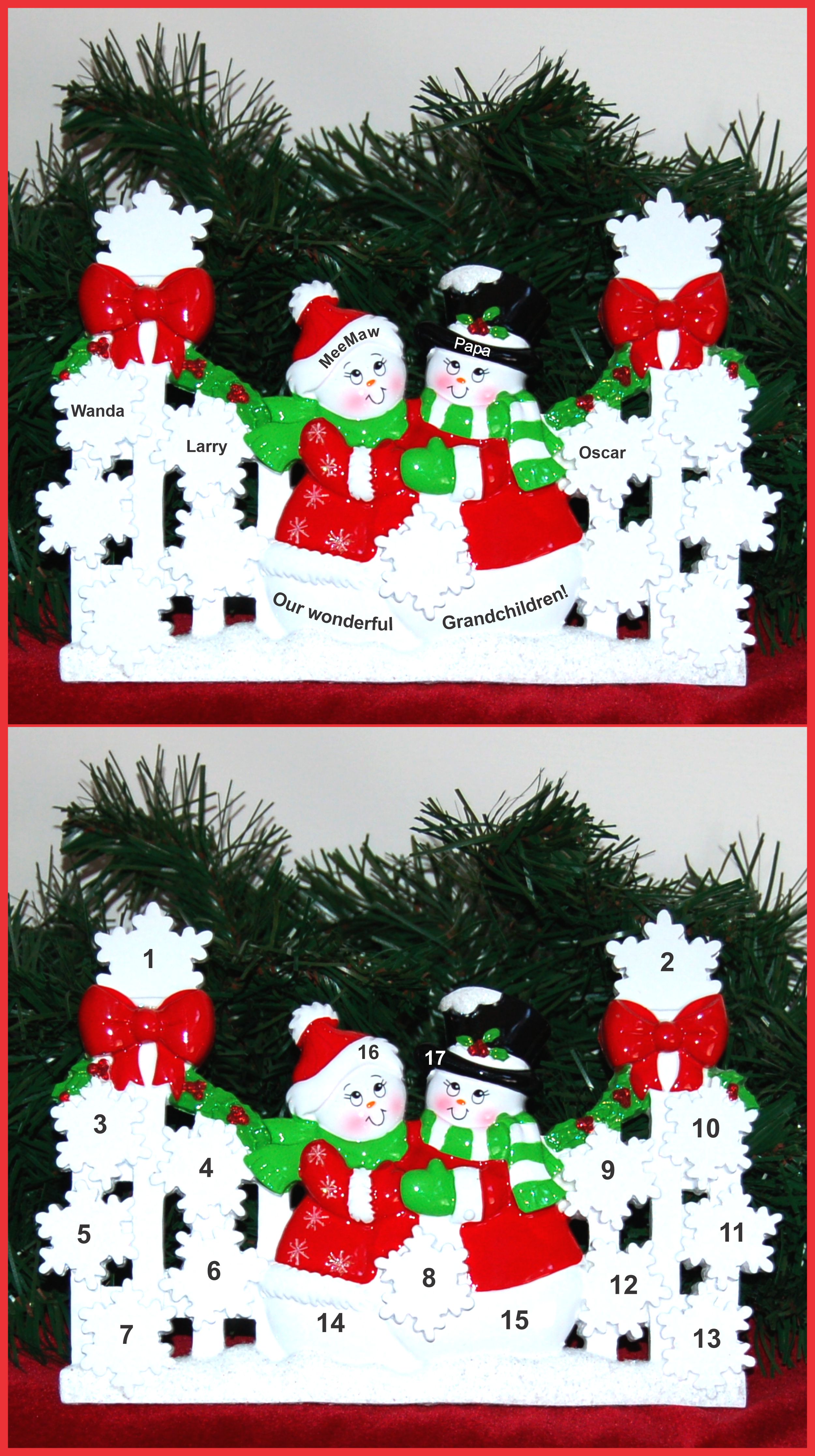 Personalized Grandparents Tabletop Christmas Decoration Snowflakes for 3 Grandchildren by Russell Rhodes