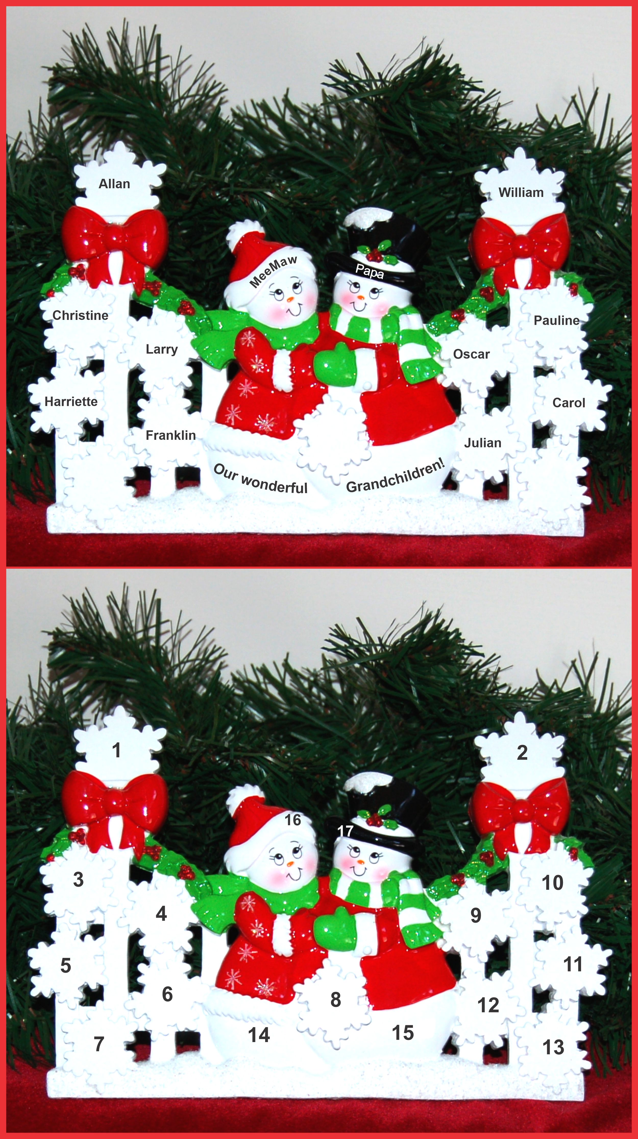 Grandparents Tabletop Christmas Decoration Snowflakes for 9 Grandchildren Personalized by RussellRhodes.com