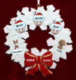 Family Christmas Ornament for 3 Celebration Wreath Red Bow 2 Dogs, Cats, Pets Custom Add-ons Personalized by RussellRhodes.com
