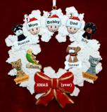 Family Christmas Ornament for 3 Celebration Wreath Red Bow 6 Dogs, Cats, Pets Custom Add-ons Personalized by RussellRhodes.com