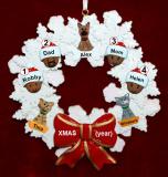 African American Black Family Christmas Ornament for 4 Celebration Wreath Red Bow 3 Dogs, Cats, Pets Custom Add-ons Personalized by RussellRhodes.com