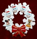 Family Christmas Ornament for 4 Celebration Wreath Red Bow 2 Dogs, Cats, Pets Custom Add-ons Personalized by RussellRhodes.com