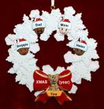 Mixed Race Family  Christmas Ornament for 4 Celebration Wreath Red Bow 1 Dog, Cat, or Other Pet Personalized by RussellRhodes.com