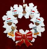 Mixed Race Family  Christmas Ornament for 4 Celebration Wreath Red Bow 3 Dogs, Cats, Pets Custom Add-ons Personalized by RussellRhodes.com
