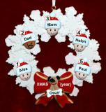 Mixed Race Family Christmas Ornament for 5 Celebration Wreath Red Bow 1 Dog, Cat, or Other Pet Personalized by RussellRhodes.com