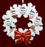 Mixed Race Family Christmas Ornament for 5 Celebration Wreath Red Bow 2 Dogs, Cats, Pets Custom Add-ons Personalized by RussellRhodes.com