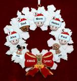 Mixed Race Family Christmas Ornament for 5 Celebration Wreath Red Bow 3 Dogs, Cats, Pets Custom Add-ons Personalized by RussellRhodes.com