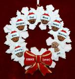 African American Black Family of 7 Christmas Ornament Celebration Wreath Red Bow with 1 Dog, Cat, Pets Custom Add-Ons Personalized by RussellRhodes.com