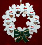 Mixed Race Family of 8 Christmas Ornament Celebration Wreath Green Bow Personalized by RussellRhodes.com