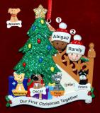 Our First Family Christmas Tree Mixed Race BiRacial Christmas Ornament with 4 Dogs, Cats, Pets Custom Add-ons Personalized by RussellRhodes.com