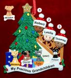 Our Xmas Tree Grandparents Christmas Ornament 3 Grandkids Mixed Race BiRacial with 4 Dogs, Cats, Pets Custom Add-ons Personalized by RussellRhodes.com