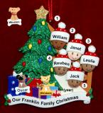 Our Xmas Tree Mixed Race BiRacial Christmas Ornament for Families of 5 with 2 Dogs, Cats, Pets Custom Add-ons Personalized by RussellRhodes.com