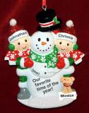 Two Kids Building Large Snowman Christmas Ornament with Pets Personalized by RussellRhodes.com