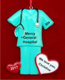Green Medical Scrubs with Heart Christmas Ornament Personalized by Russell Rhodes