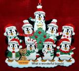 Family Christmas Ornament Winter Penguins for 4 with 1 Dog, Cat, Pets Custom Add-ons Personalized by RussellRhodes.com