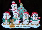 Family Christmas Ornament Winter Penguins for 5 with 1 Dog, Cat, Pets Custom Add-ons Personalized by RussellRhodes.com