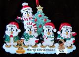 Family Christmas Ornament Winter Penguins for 5 with 2 Dogs, Cats, Pets Custom Add-ons Personalized by RussellRhodes.com