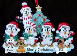 Family Christmas Ornament Winter Penguins for 5 with 3 Dogs, Cats, Pets Custom Add-ons Personalized by RussellRhodes.com