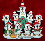 Family Christmas Ornament Winter Penguins for 9 with 1 Dog, Cat, Pets Custom Add-ons Personalized by RussellRhodes.com