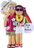 Vacation Couple, Male Blonde, Female Brown Hair Christmas Ornament Personalized by Russell Rhodes