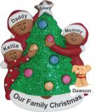 Family Decorating African American Christmas Ornament for 3 with Pets Personalized by RussellRhodes.com