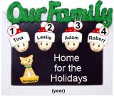 Family Christmas Ornament Holiday Frame for 4 with 1 Dog, Cat, Pets Custom Add-ons Personalized by RussellRhodes.com