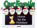 Family Christmas Ornament Holiday Frame for 5 with 1 Dog, Cat, Pets Custom Add-ons Personalized by RussellRhodes.com