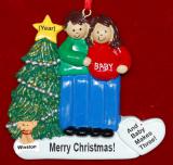 Expecting Couple Christmas Ornament Both Brunette with Pets Personalized by RussellRhodes.com