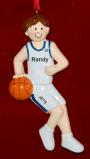 Basketball Male Brown Hair White Uniform with Blue Piping Personalized Christmas Ornament Personalized by RussellRhodes.com