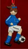 Soccer Brunette Female Blue Uniform Christmas Ornament Personalized by Russell Rhodes
