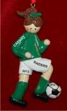 Soccer Brunette Female Green Uniform Christmas Ornament Personalized by Russell Rhodes
