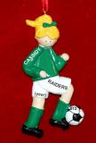 Soccer Christmas Ornament Blond Female Green Uniform Personalized by RussellRhodes.com