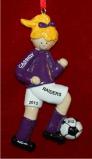 Soccer Blond Female Purple Uniform Christmas Ornament Personalized by Russell Rhodes
