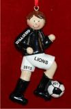 Soccer Brunette Male Black Uniform Christmas Ornament Personalized by Russell Rhodes