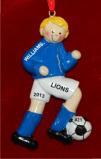 Soccer Blond Male Blue Uniform Christmas Ornament Personalized by Russell Rhodes