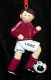 Soccer Christmas Ornament  Brunette Male Maroon Uniform Personalized by RussellRhodes.com