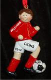 Soccer Brunette Male Red Uniform Christmas Ornament Personalized by Russell Rhodes