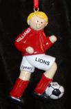 Soccer Blond Male Red Uniform Christmas Ornament Personalized by RussellRhodes.com