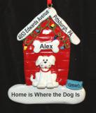 White Dog with Holiday Dog House Christmas Ornament Personalized by Russell Rhodes