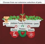 Festive Mittens Family of 3 Christmas Ornament with Pets Personalized by RussellRhodes.com